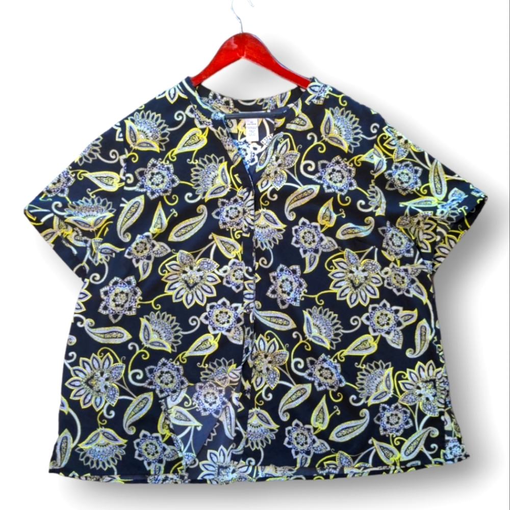 Catherine's | Black and Yellow Button Up Short Sleeve Blouse Top Women's 22W